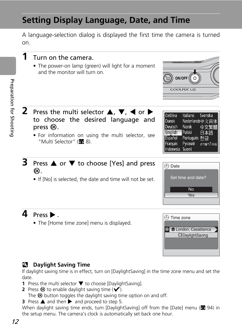 Setting display language, date, and time | Nikon L12 User Manual | Page 24 / 144