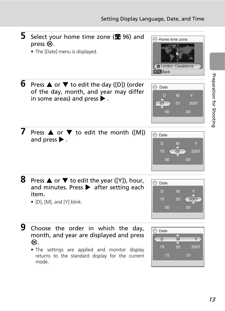 Select your home time zone (c 96) and press d, Press g or h to edit the month ([m]) and press j | Nikon L12 User Manual | Page 25 / 144