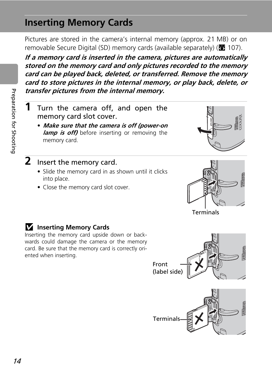 Inserting memory cards | Nikon L12 User Manual | Page 26 / 144