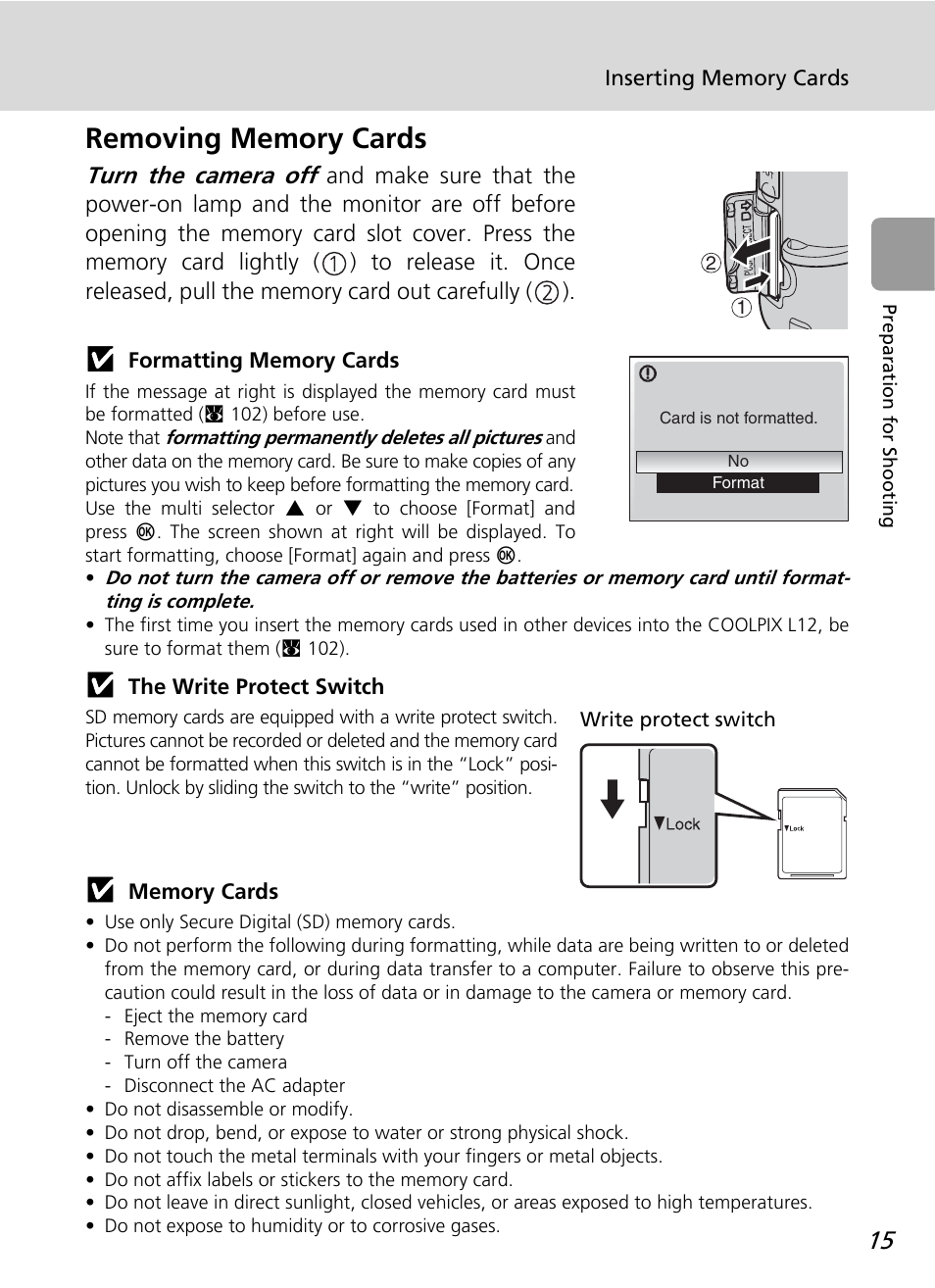 Removing memory cards, Turn the camera off | Nikon L12 User Manual | Page 27 / 144