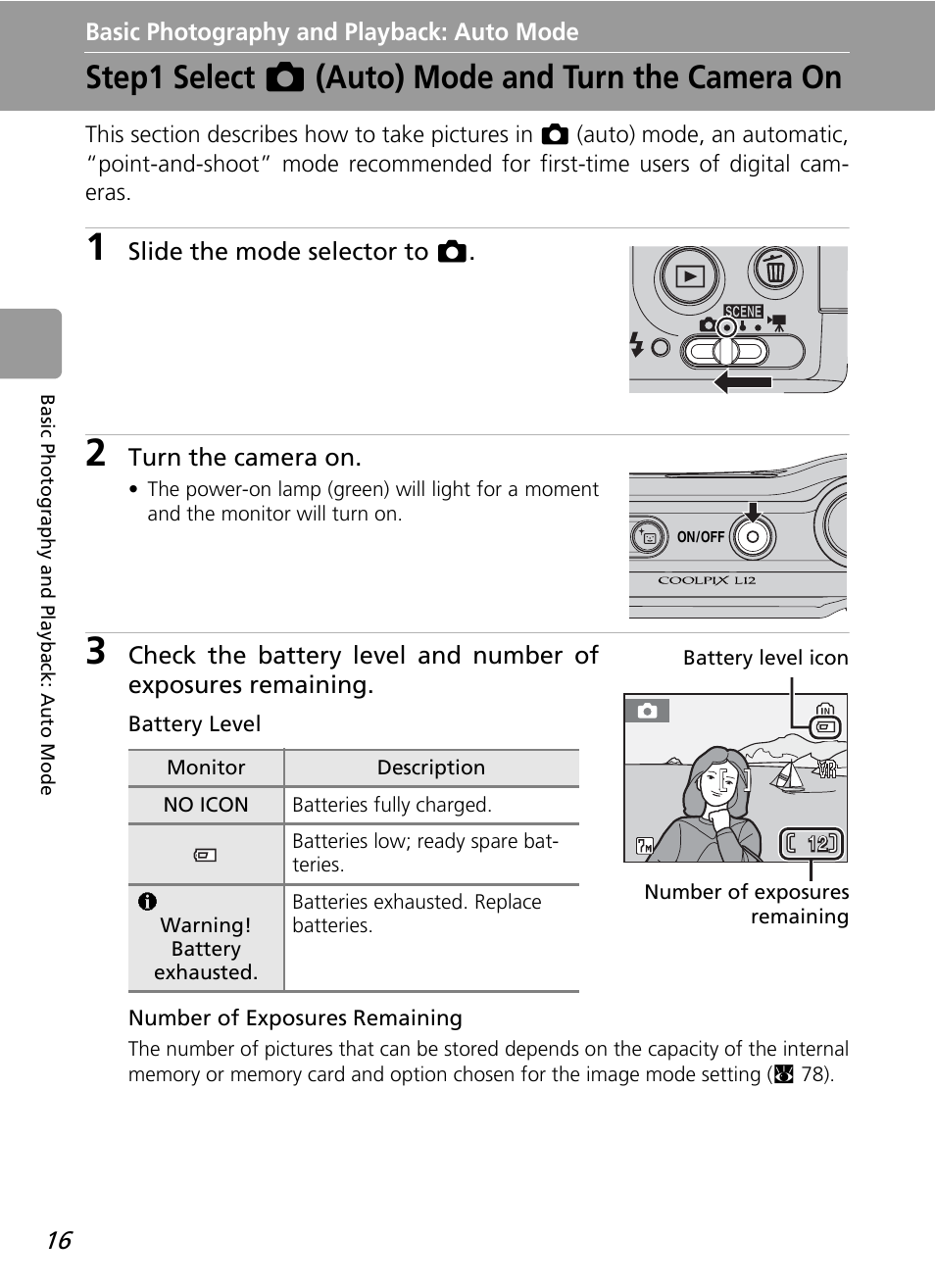 Basic photography and playback: auto mode, Step1 select (auto) mode and turn the camera on, Step1 select l (auto) mode and turn the camera on | Nikon L12 User Manual | Page 28 / 144