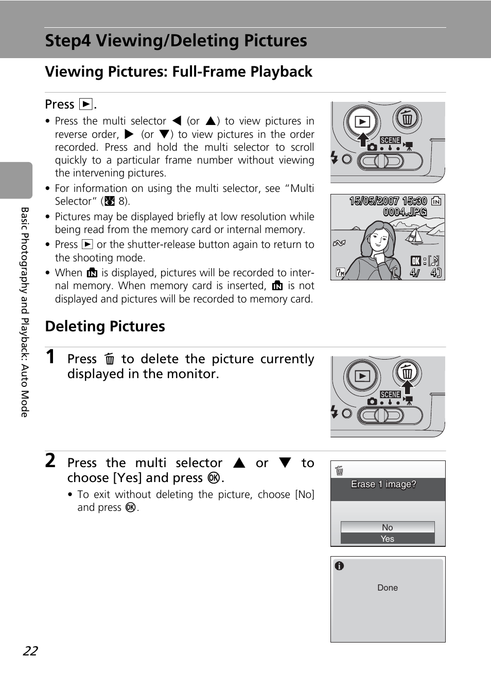 Step4 viewing/deleting pictures, Viewing pictures: full-frame playback, Deleting pictures | Nikon L12 User Manual | Page 34 / 144