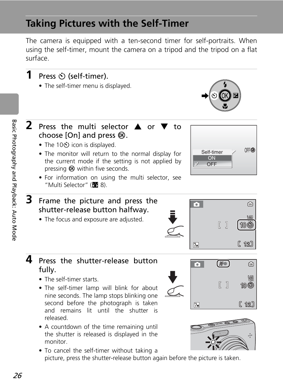 Taking pictures with the self-timer | Nikon L12 User Manual | Page 38 / 144