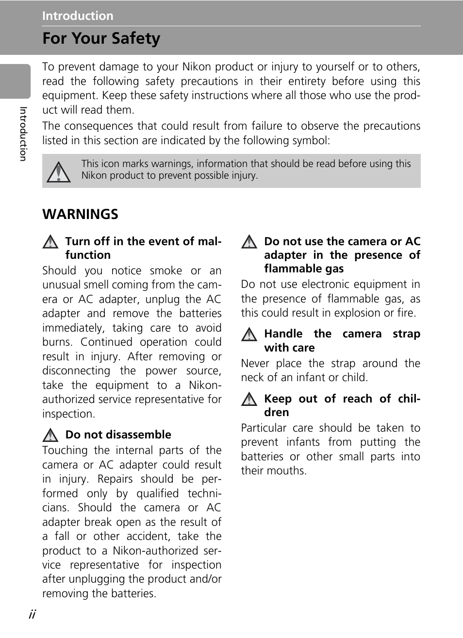 Introduction, For your safety, Warnings | Nikon L12 User Manual | Page 4 / 144