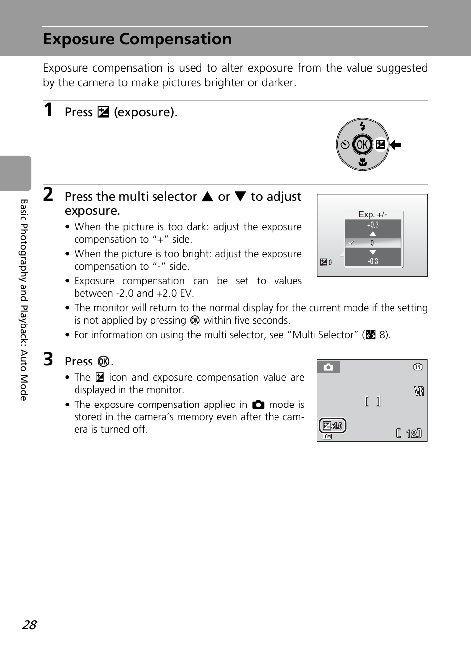 Exposure compensation | Nikon L12 User Manual | Page 40 / 144