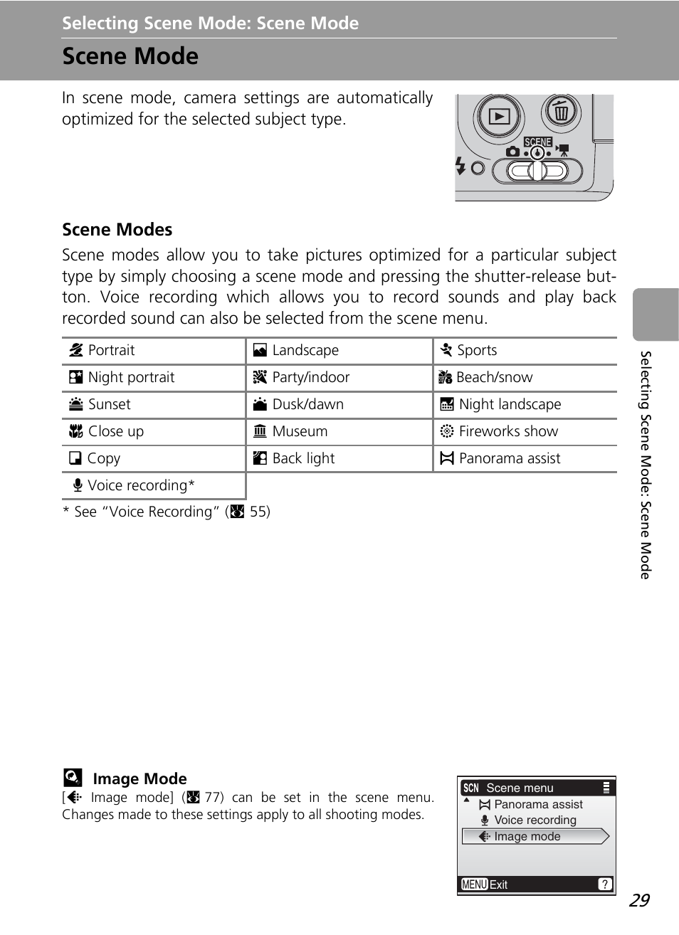Selecting scene mode: scene mode, Scene mode, Scene modes | Nikon L12 User Manual | Page 41 / 144
