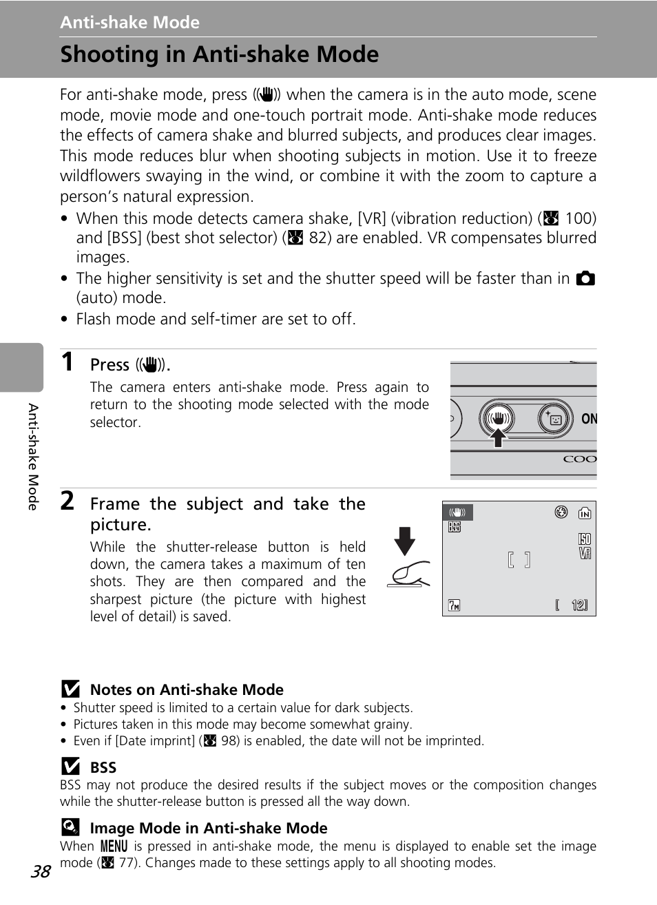 Anti-shake mode, Shooting in anti-shake mode | Nikon L12 User Manual | Page 50 / 144