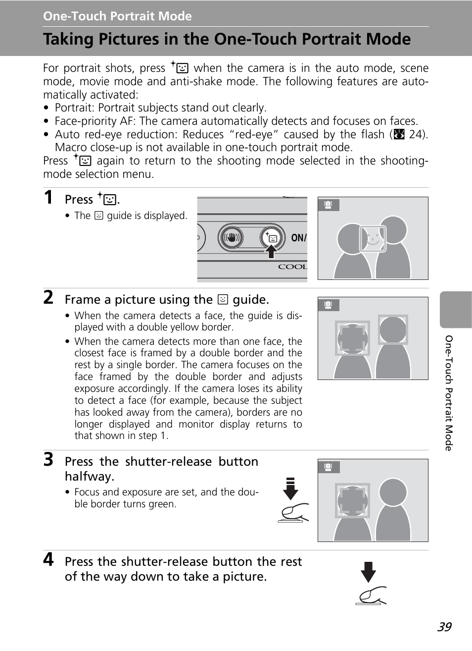 One-touch portrait mode, Taking pictures in the one-touch portrait mode | Nikon L12 User Manual | Page 51 / 144