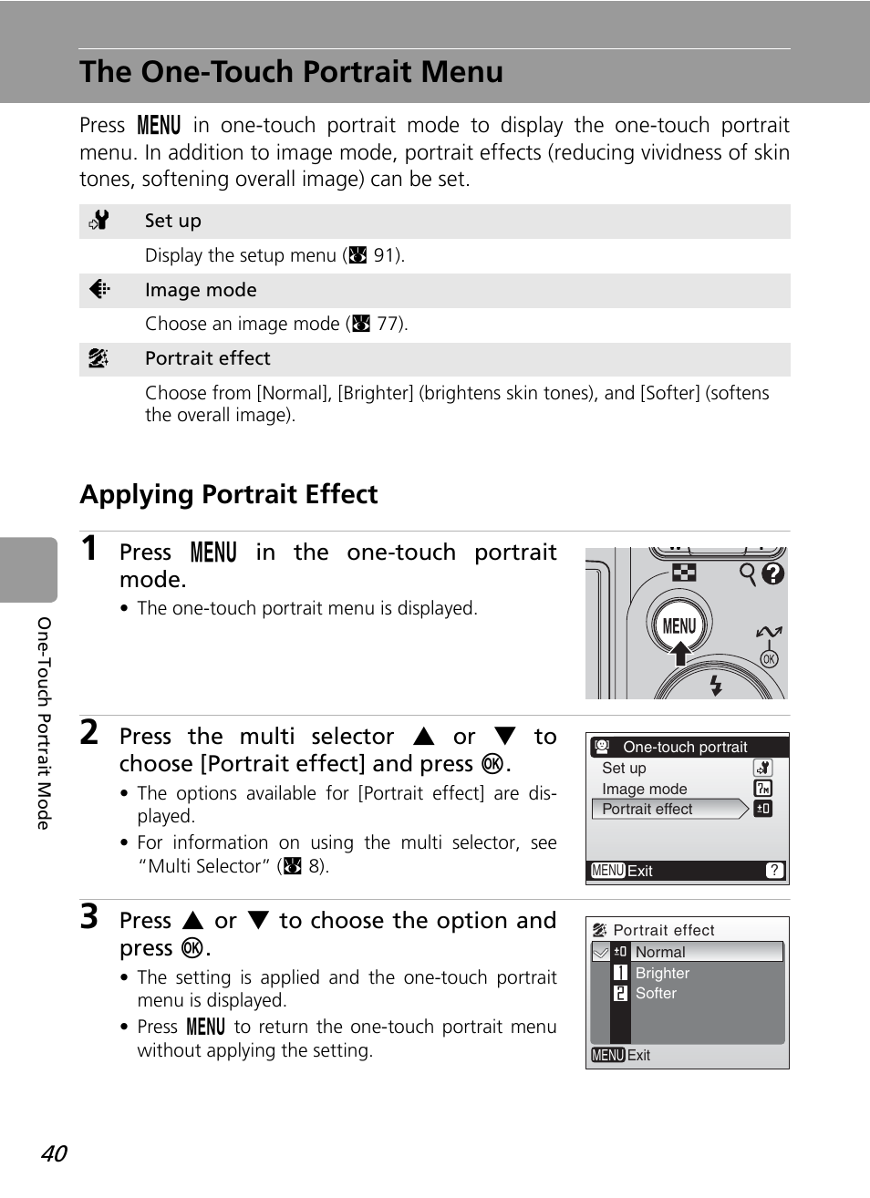 The one-touch portrait menu, Applying portrait effect | Nikon L12 User Manual | Page 52 / 144