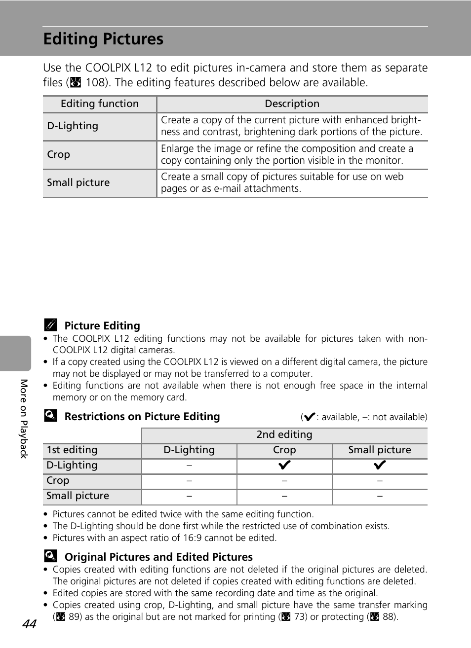 Editing pictures | Nikon L12 User Manual | Page 56 / 144