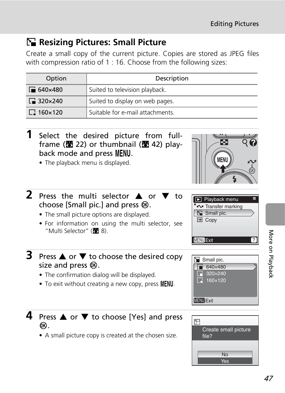 Resizing pictures: small picture, H resizing pictures: small picture | Nikon L12 User Manual | Page 59 / 144