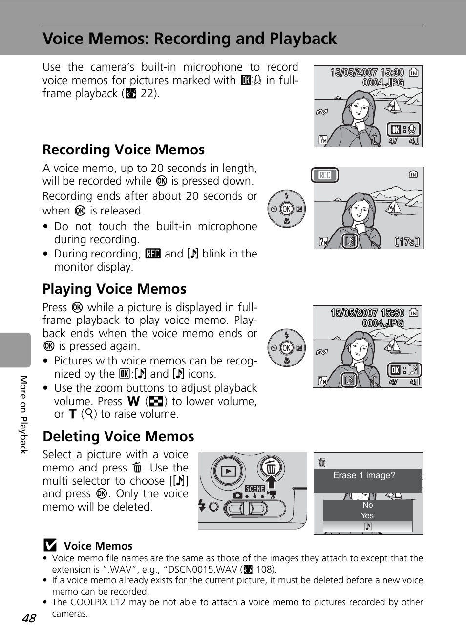 Voice memos: recording and playback, Recording voice memos, Playing voice memos | Deleting voice memos | Nikon L12 User Manual | Page 60 / 144