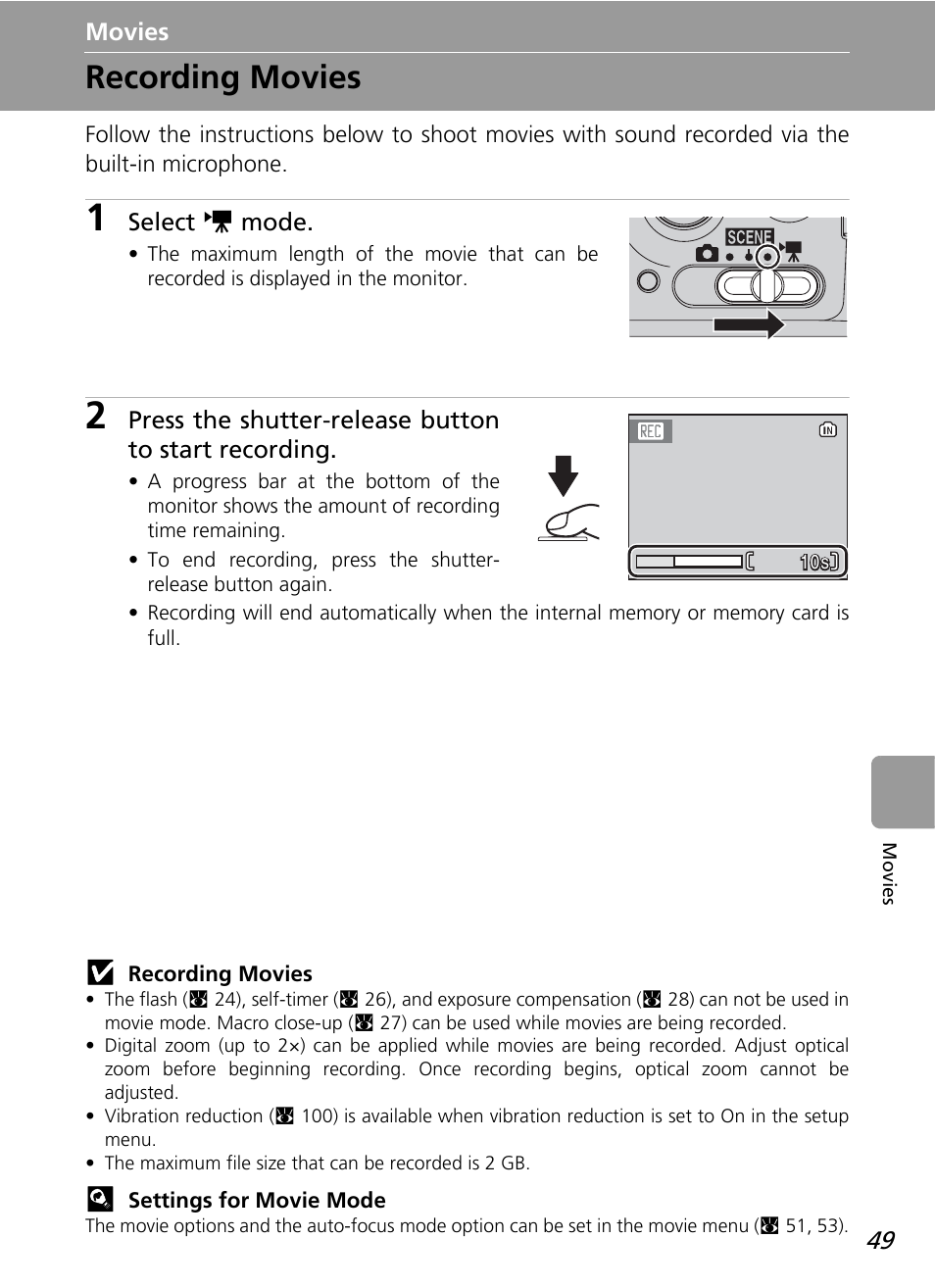 Movies, Recording movies | Nikon L12 User Manual | Page 61 / 144