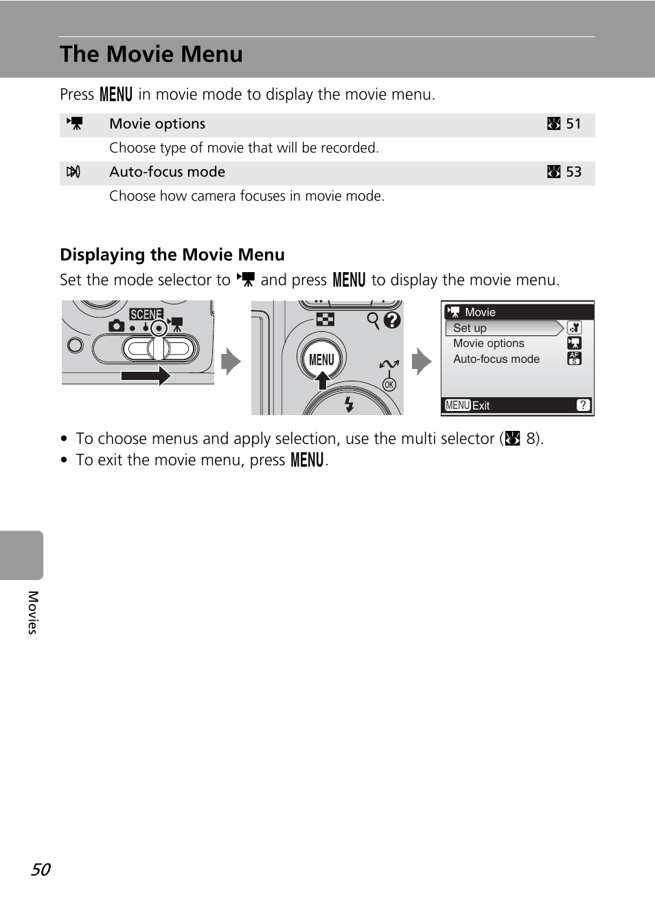 The movie menu, Displaying the movie menu | Nikon L12 User Manual | Page 62 / 144