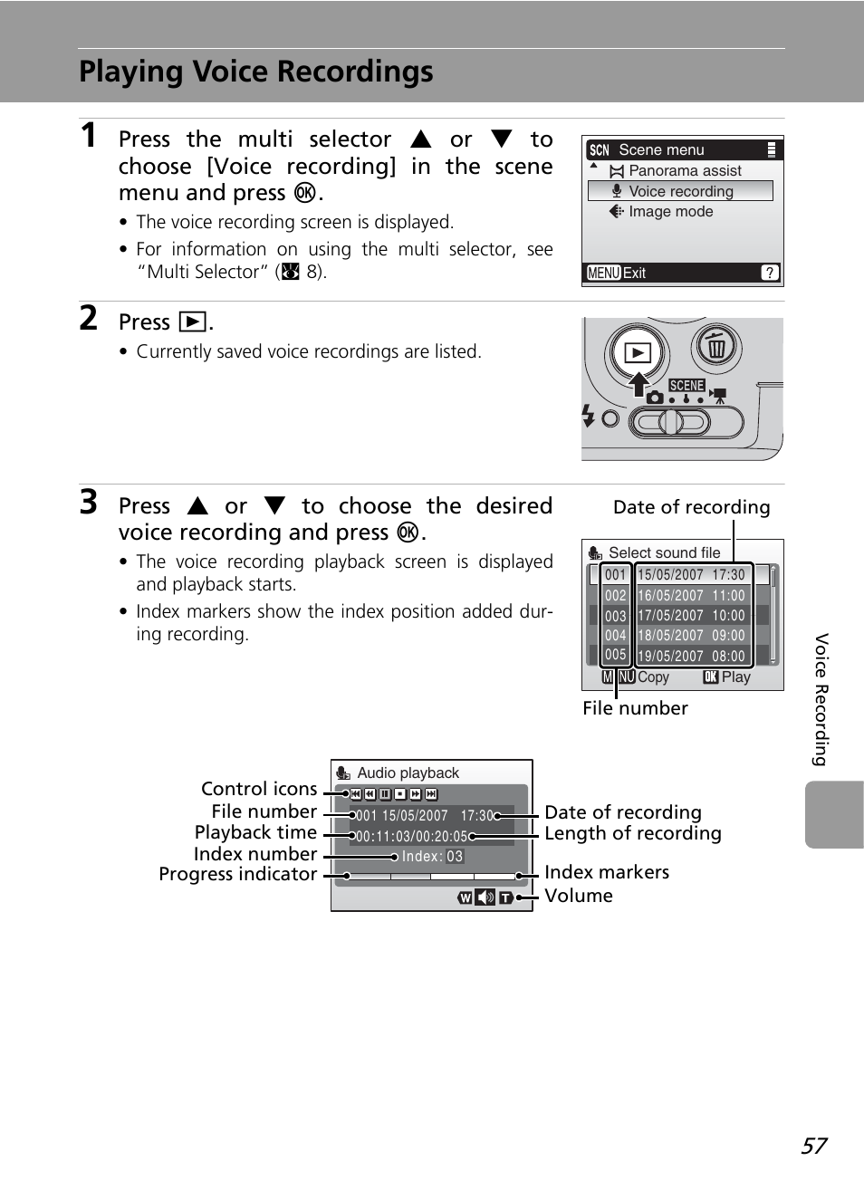 Playing voice recordings, Press i | Nikon L12 User Manual | Page 69 / 144