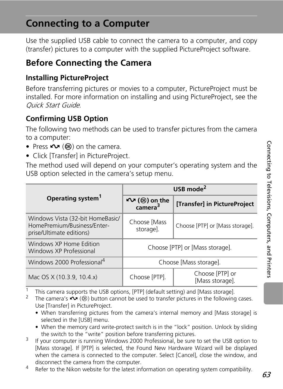 Connecting to a computer, Before connecting the camera, Installing pictureproject | Quick start guide, Confirming usb option | Nikon L12 User Manual | Page 75 / 144