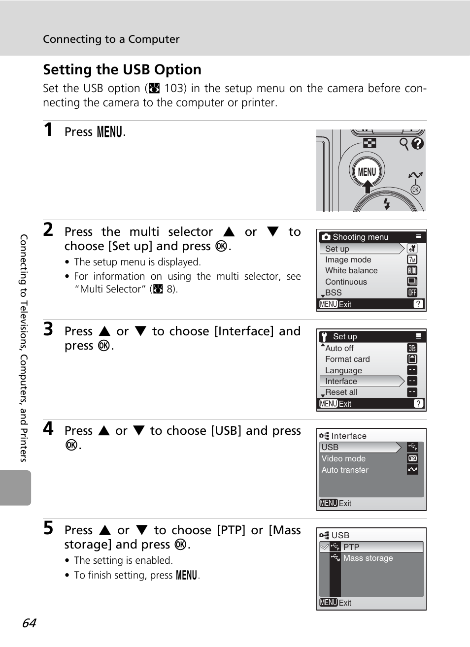 Setting the usb option, Press m, Press g or h to choose [interface] and press d | Press g or h to choose [usb] and press d | Nikon L12 User Manual | Page 76 / 144