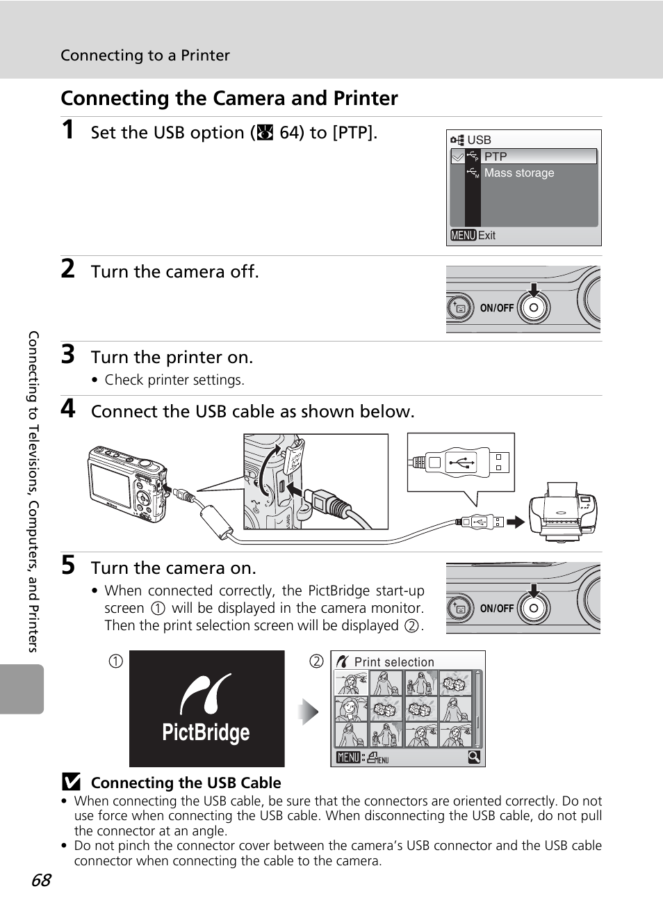 Connecting the camera and printer, Pictbridge | Nikon L12 User Manual | Page 80 / 144