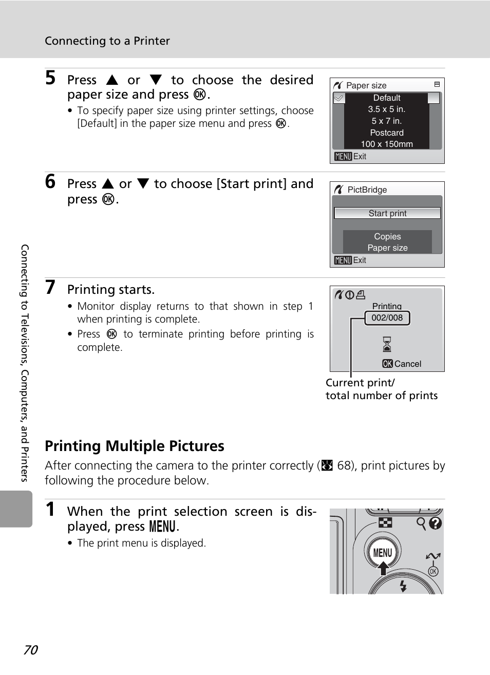 Printing multiple pictures, Press g or h to choose [start print] and press d, Printing starts | Nikon L12 User Manual | Page 82 / 144