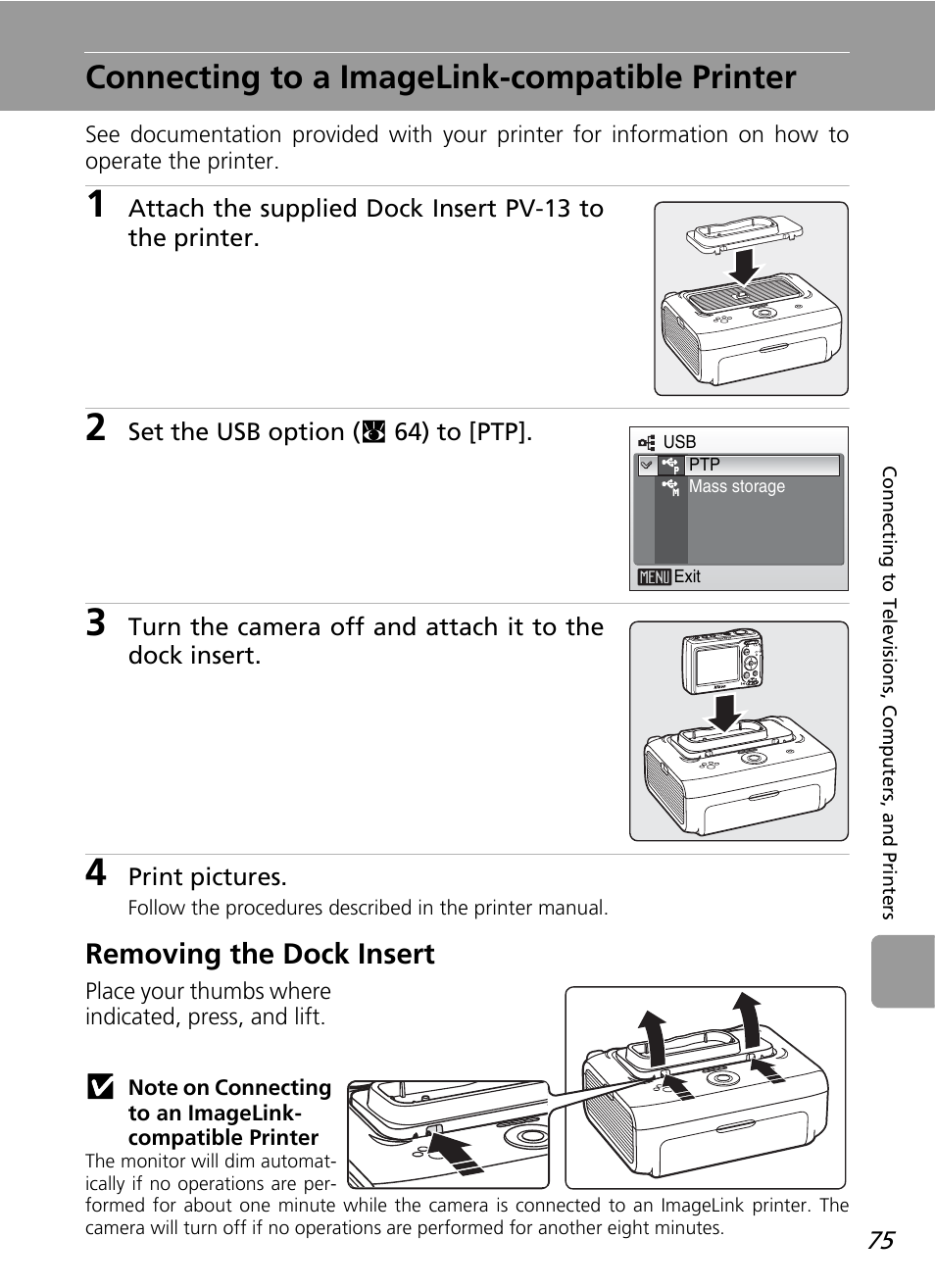 Connecting to a imagelink-compatible printer, Removing the dock insert | Nikon L12 User Manual | Page 87 / 144