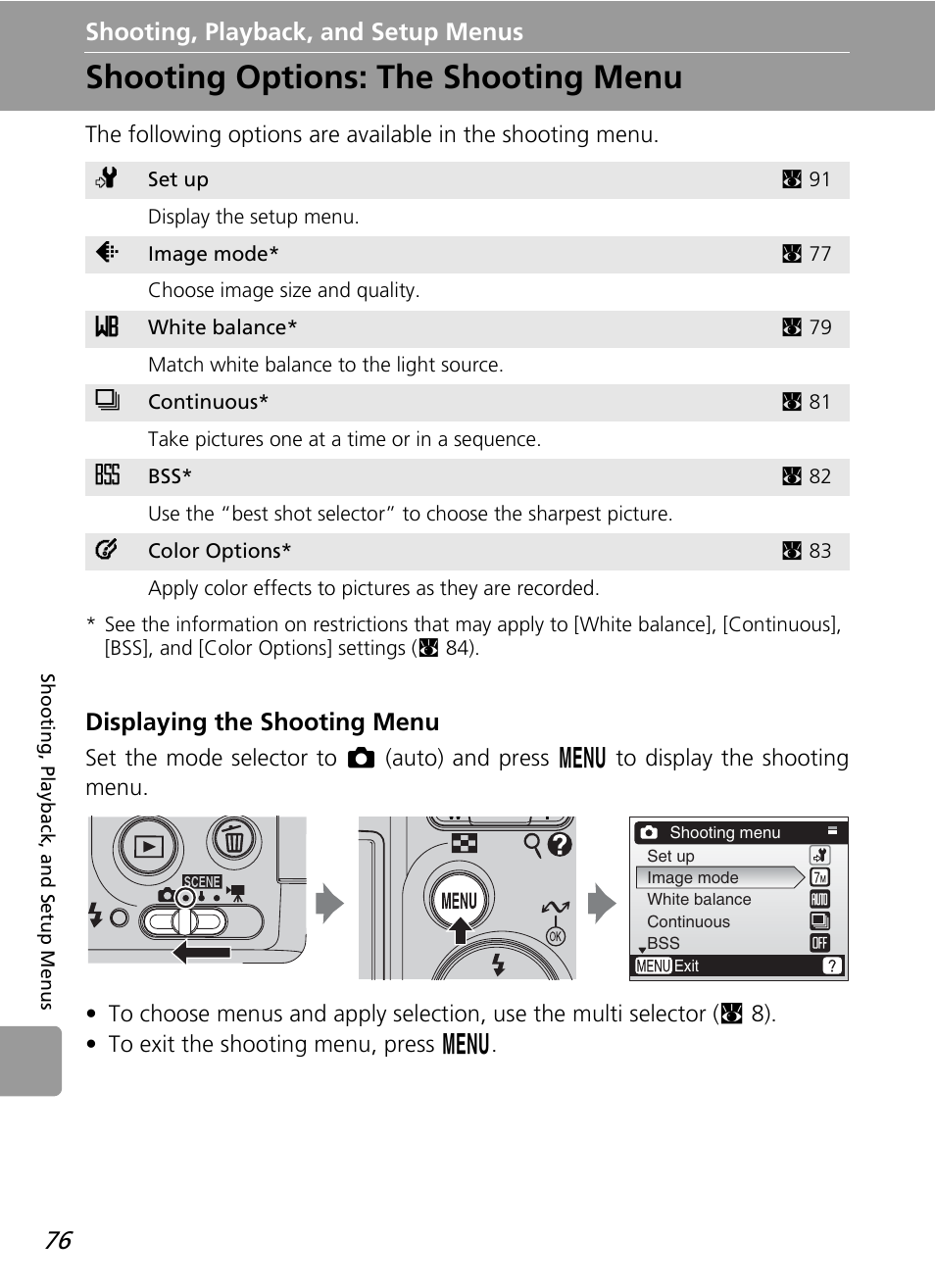Shooting, playback, and setup menus, Shooting options: the shooting menu, Displaying the shooting menu | Nikon L12 User Manual | Page 88 / 144