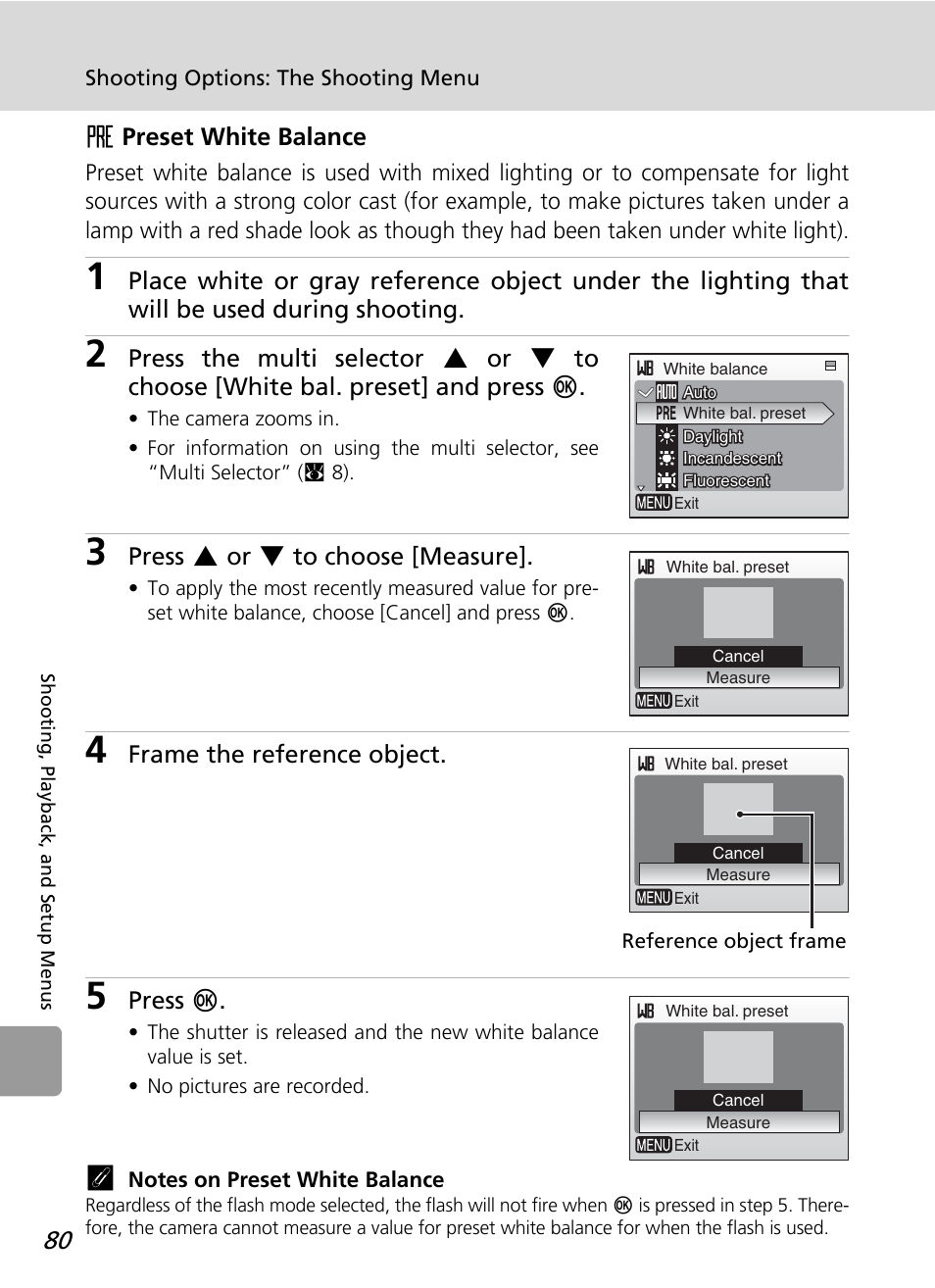 F preset white balance, Press g or h to choose [measure, Frame the reference object | Press d | Nikon L12 User Manual | Page 92 / 144