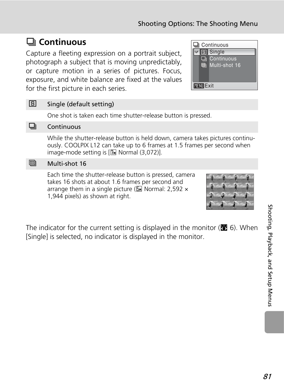 Continuous, Q continuous | Nikon L12 User Manual | Page 93 / 144