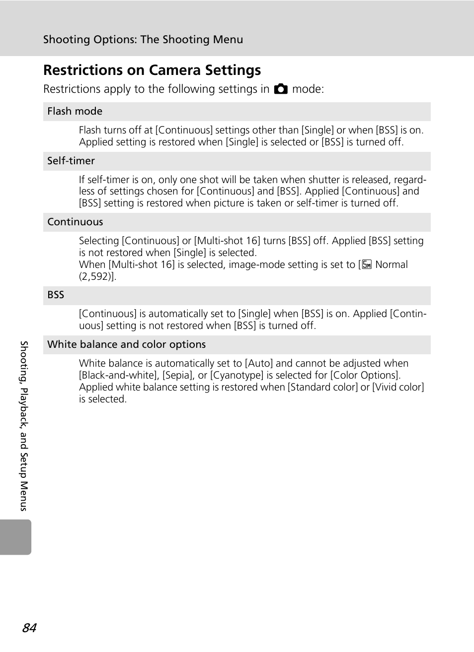 Restrictions on camera settings | Nikon L12 User Manual | Page 96 / 144