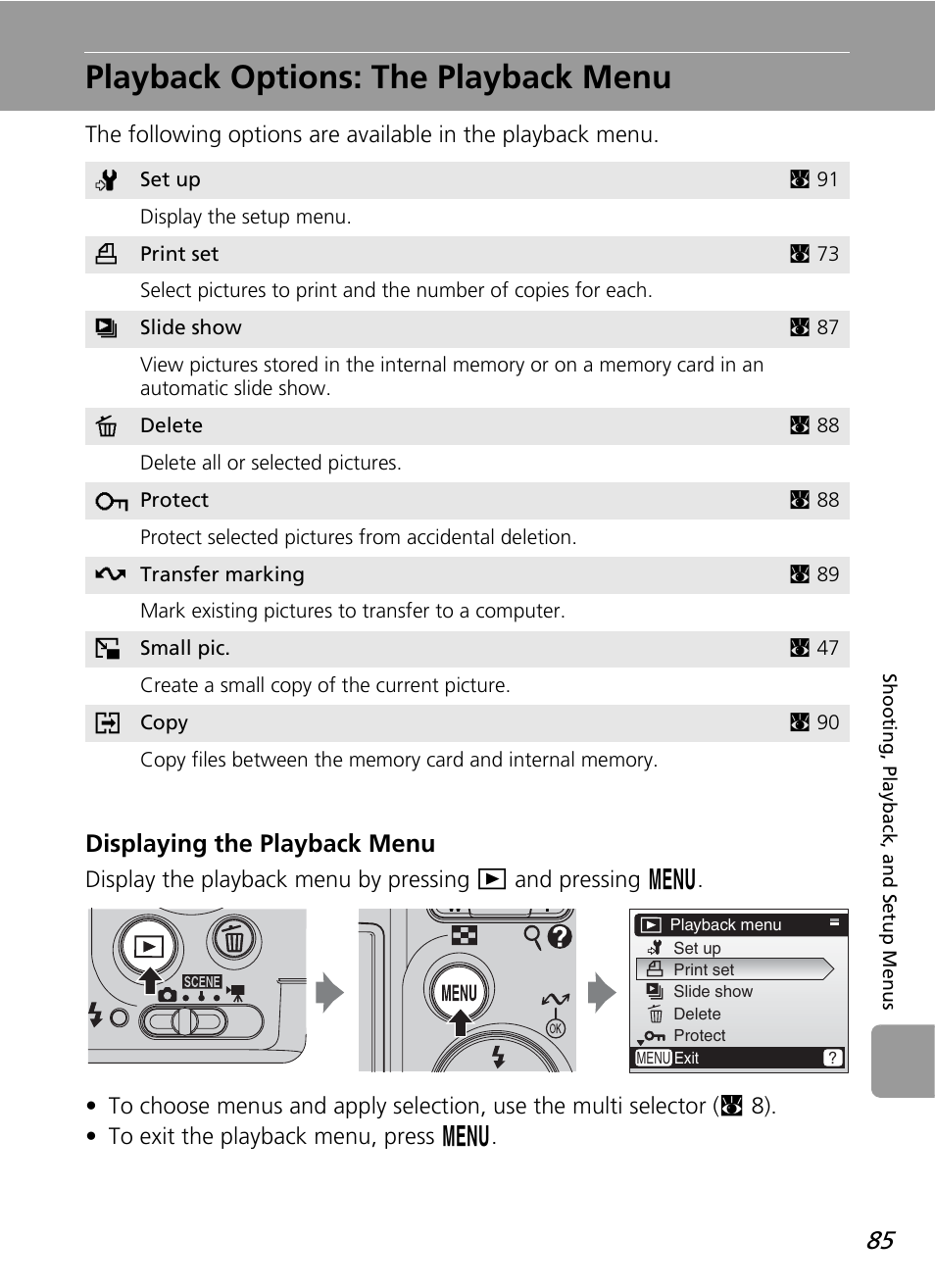 Playback options: the playback menu, Displaying the playback menu | Nikon L12 User Manual | Page 97 / 144