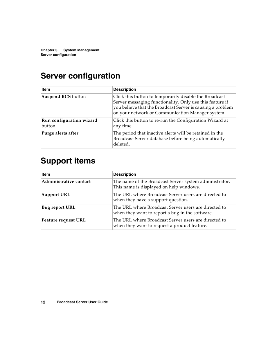 Server configuration, Support items, Server configuration support items | Nortel Networks Broadcast Server User Manual | Page 20 / 84