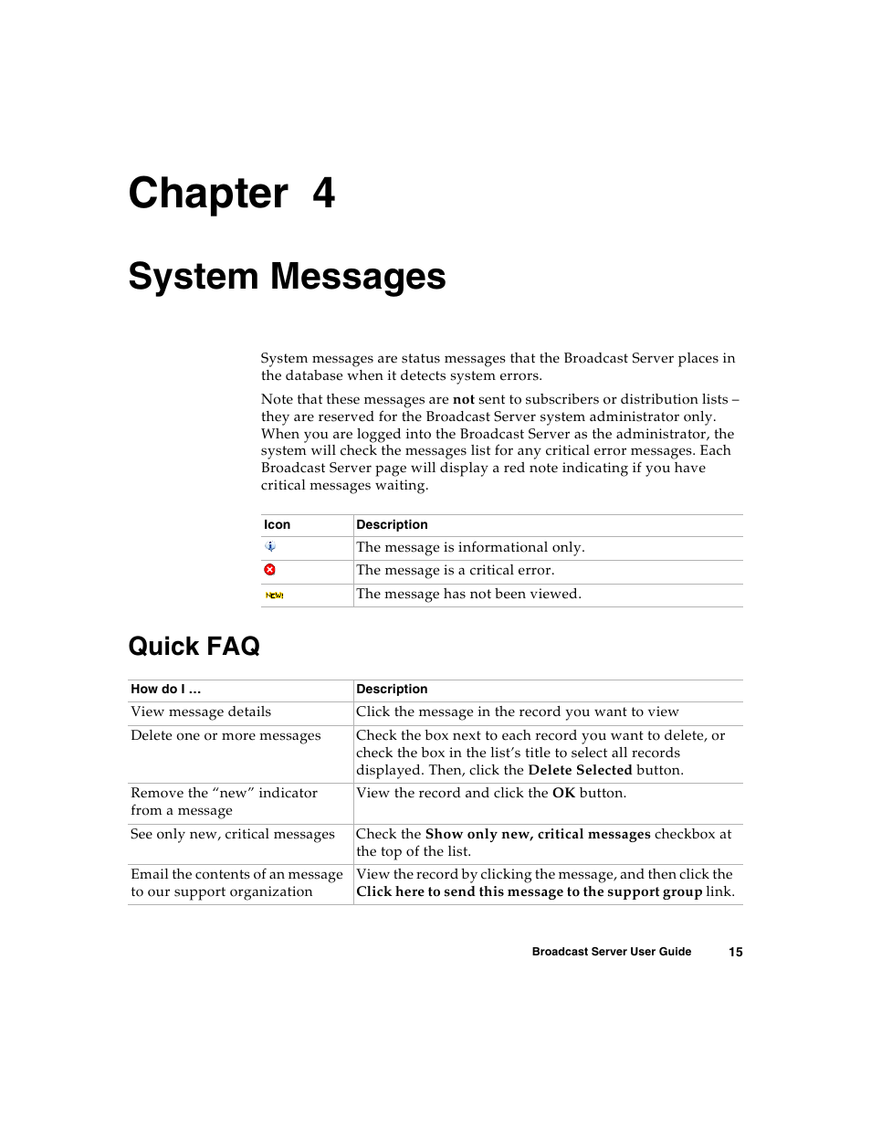 System messages, Quick faq, C h a p t e r | Chapter 4 | Nortel Networks Broadcast Server User Manual | Page 23 / 84