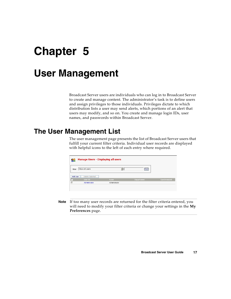 User management, The user management list, C h a p t e r | Chapter 5 | Nortel Networks Broadcast Server User Manual | Page 25 / 84