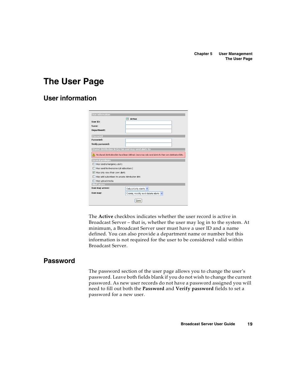 User information, Password, The user page | Nortel Networks Broadcast Server User Manual | Page 27 / 84