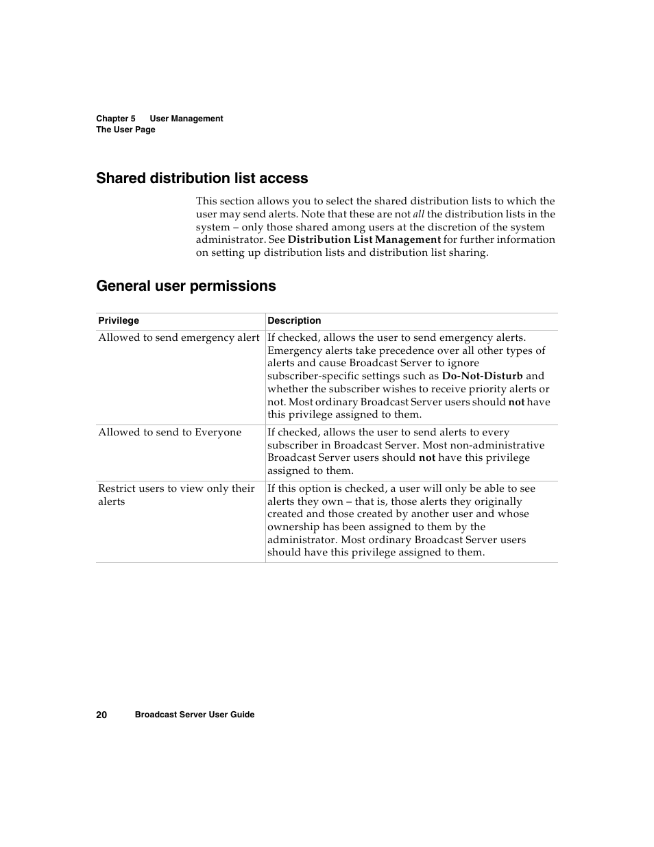 Shared distribution list access, General user permissions, Described in | Nortel Networks Broadcast Server User Manual | Page 28 / 84