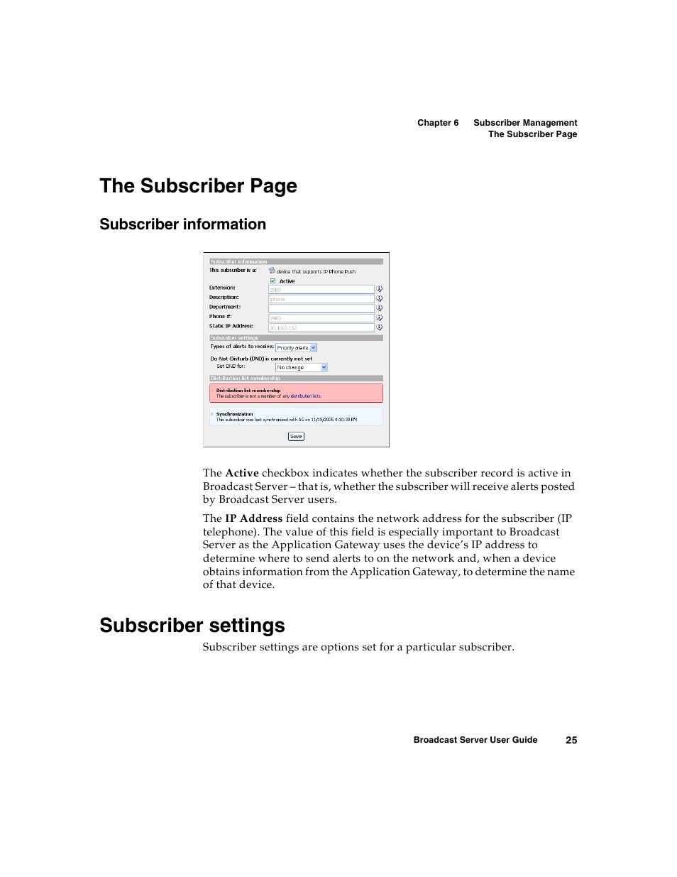 Subscriber information, Subscriber settings, The subscriber page | Nortel Networks Broadcast Server User Manual | Page 33 / 84