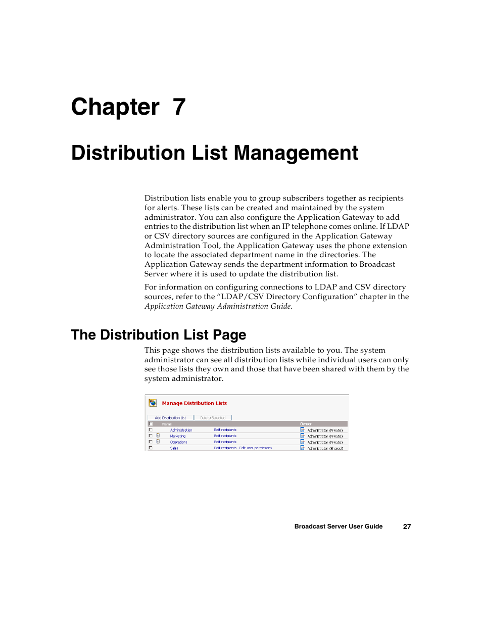 Distribution list management, C h a p t e r, Chapter 7 | The distribution list page | Nortel Networks Broadcast Server User Manual | Page 35 / 84