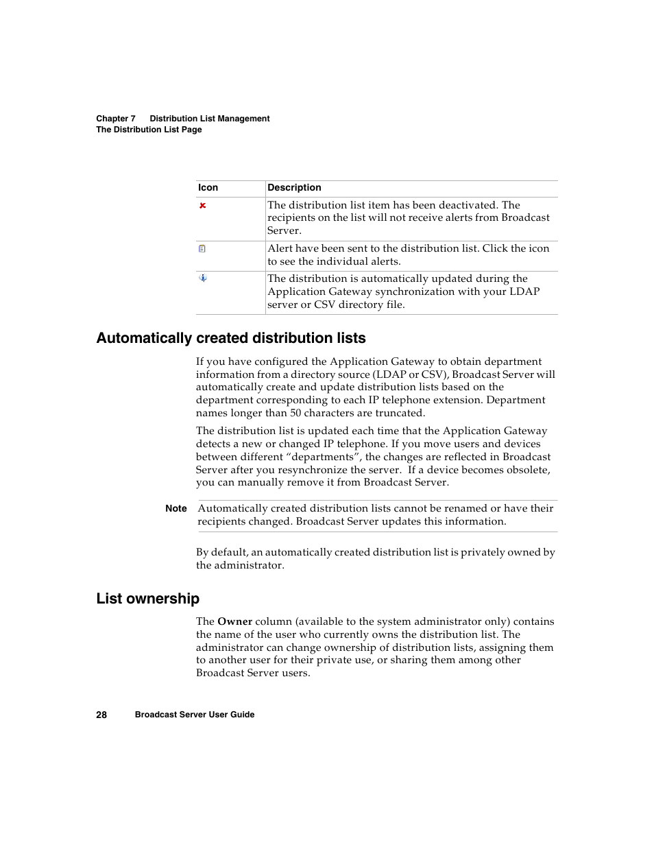Automatically created distribution lists, List ownership | Nortel Networks Broadcast Server User Manual | Page 36 / 84