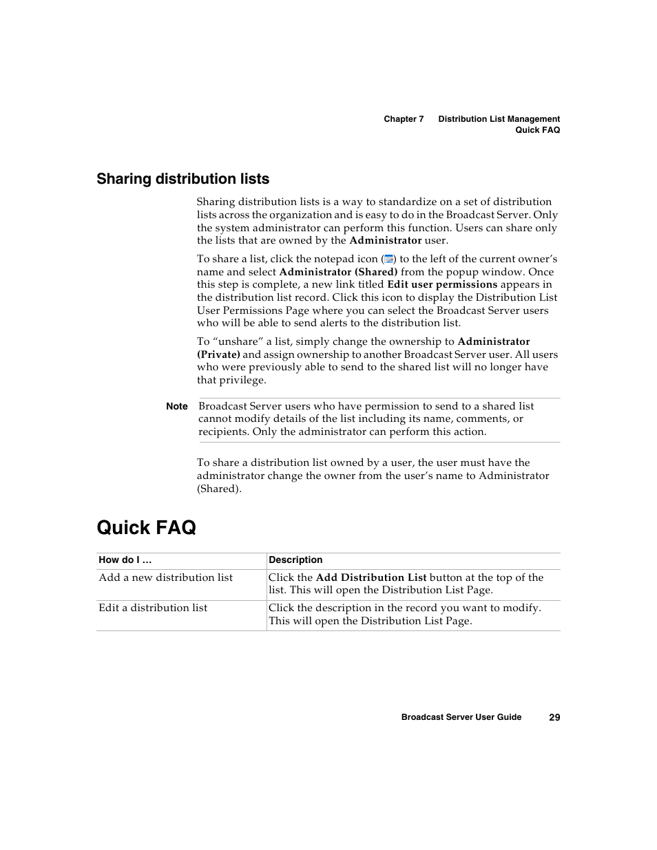 Sharing distribution lists, Quick faq | Nortel Networks Broadcast Server User Manual | Page 37 / 84