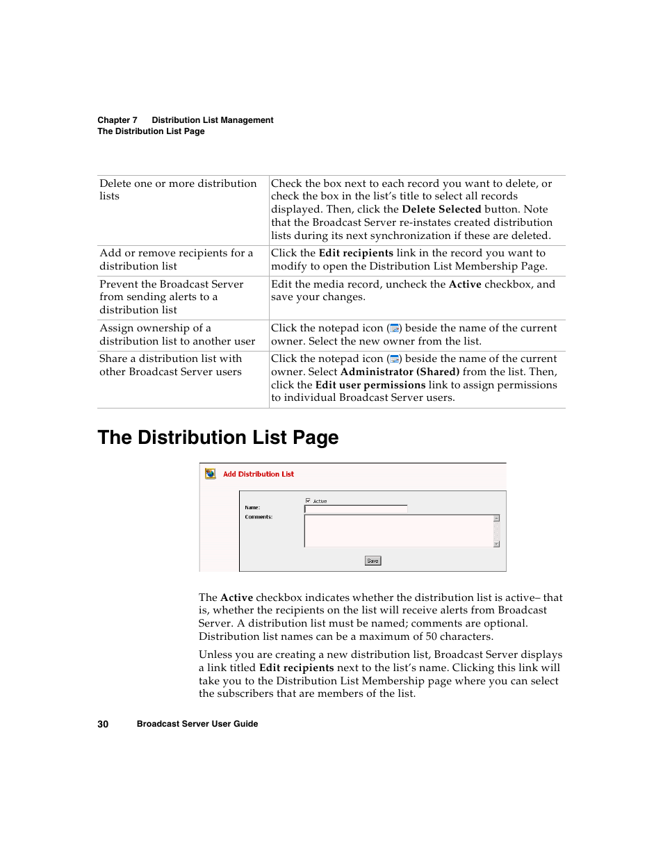 The distribution list page | Nortel Networks Broadcast Server User Manual | Page 38 / 84