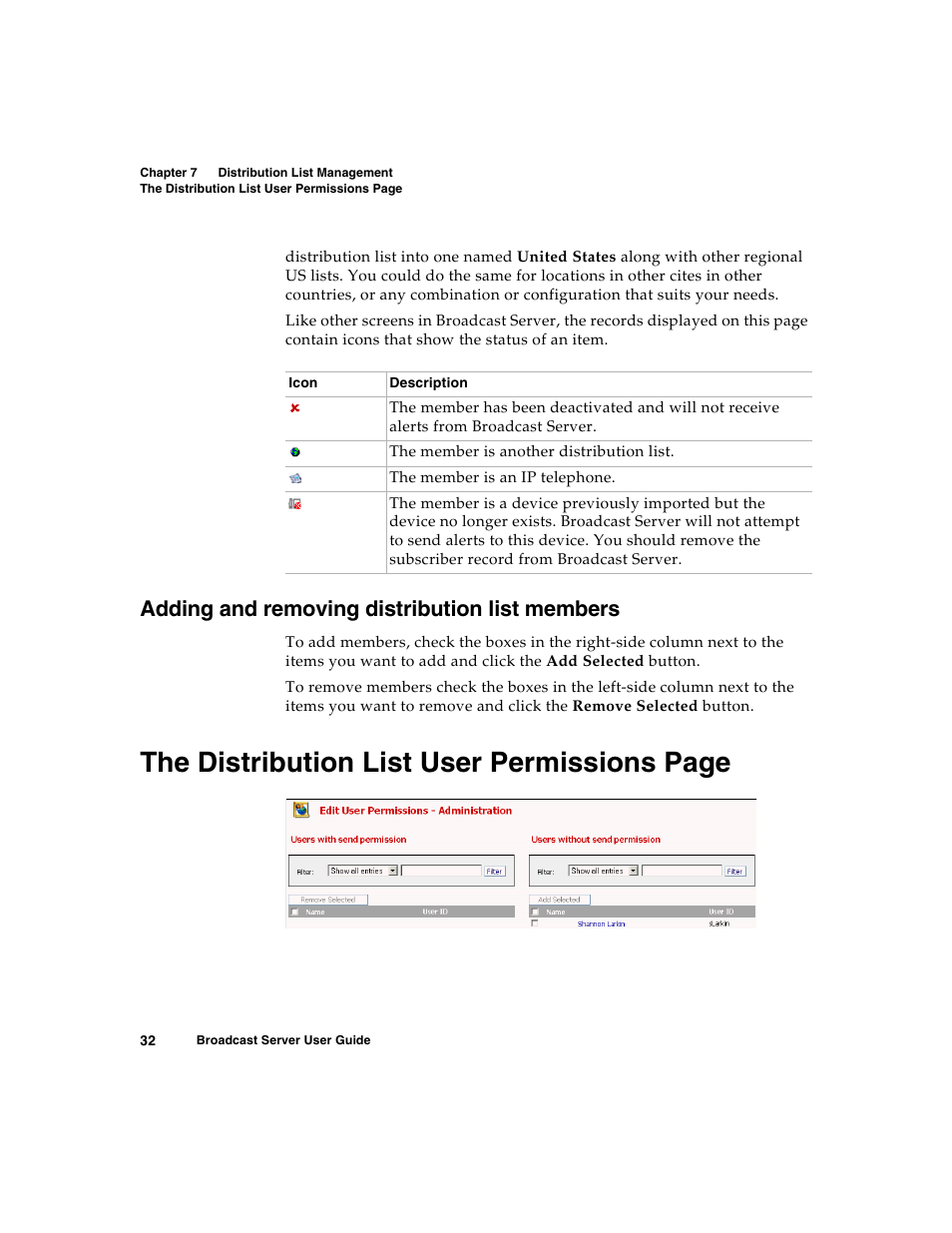 Adding and removing distribution list members, The distribution list user permissions page | Nortel Networks Broadcast Server User Manual | Page 40 / 84