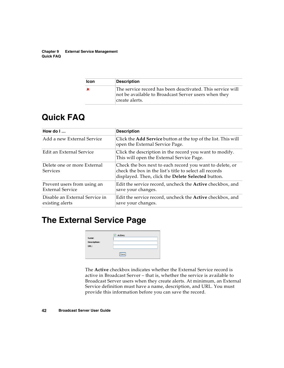 Quick faq, Quick faq the external service page | Nortel Networks Broadcast Server User Manual | Page 50 / 84