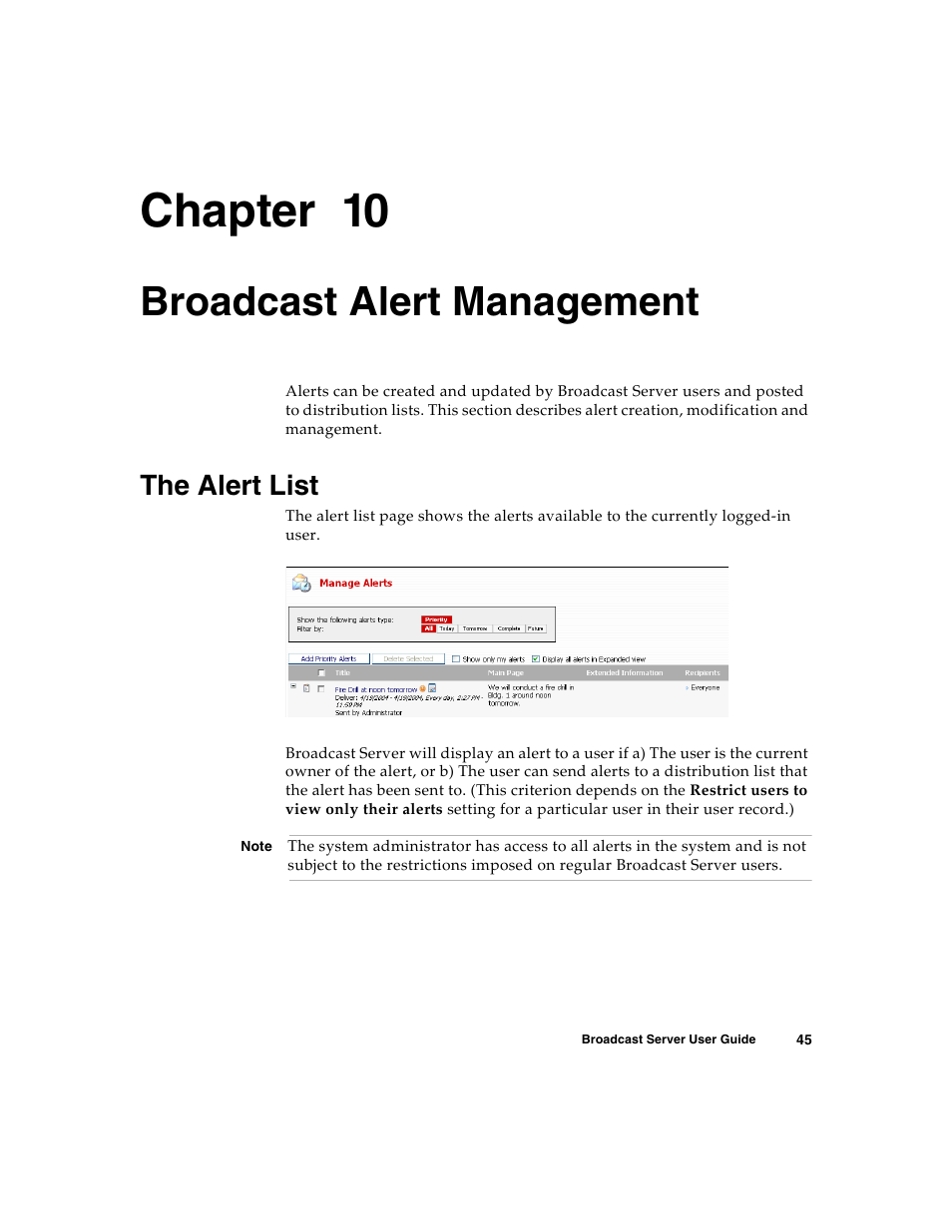 Broadcast alert management, The alert list, C h a p t e r | Chapter 10 | Nortel Networks Broadcast Server User Manual | Page 53 / 84