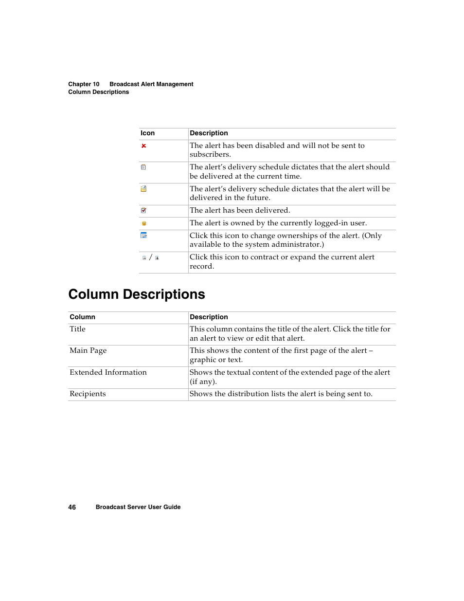 Column descriptions | Nortel Networks Broadcast Server User Manual | Page 54 / 84