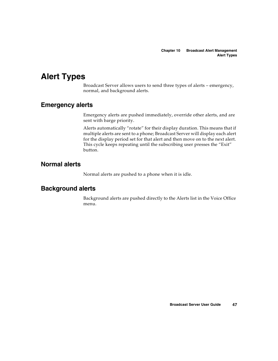 Alert types, Emergency alerts, Normal alerts | Background alerts | Nortel Networks Broadcast Server User Manual | Page 55 / 84