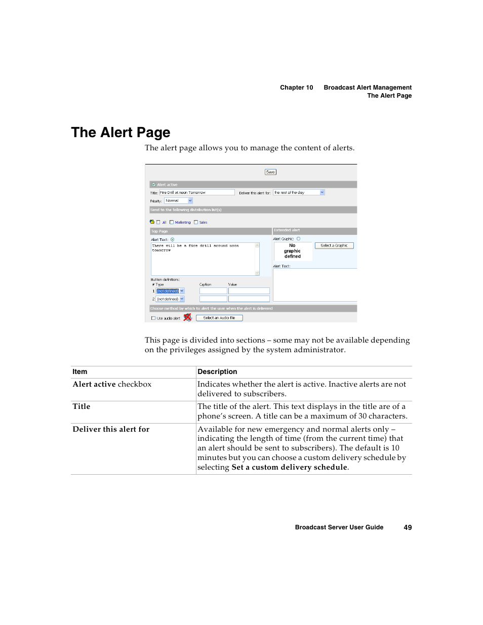 The alert page | Nortel Networks Broadcast Server User Manual | Page 57 / 84