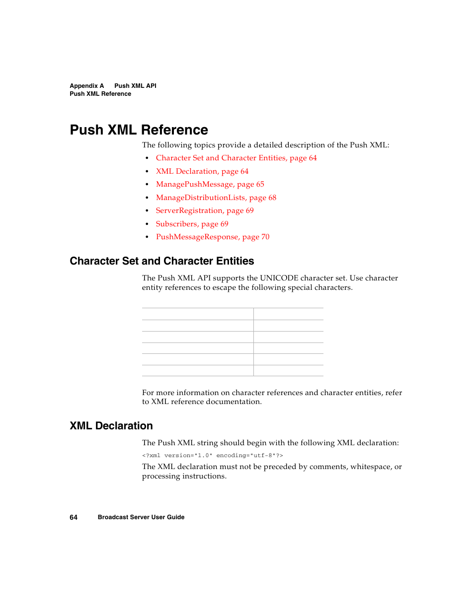 Push xml reference, Character set and character entities, Xml declaration | Nortel Networks Broadcast Server User Manual | Page 72 / 84