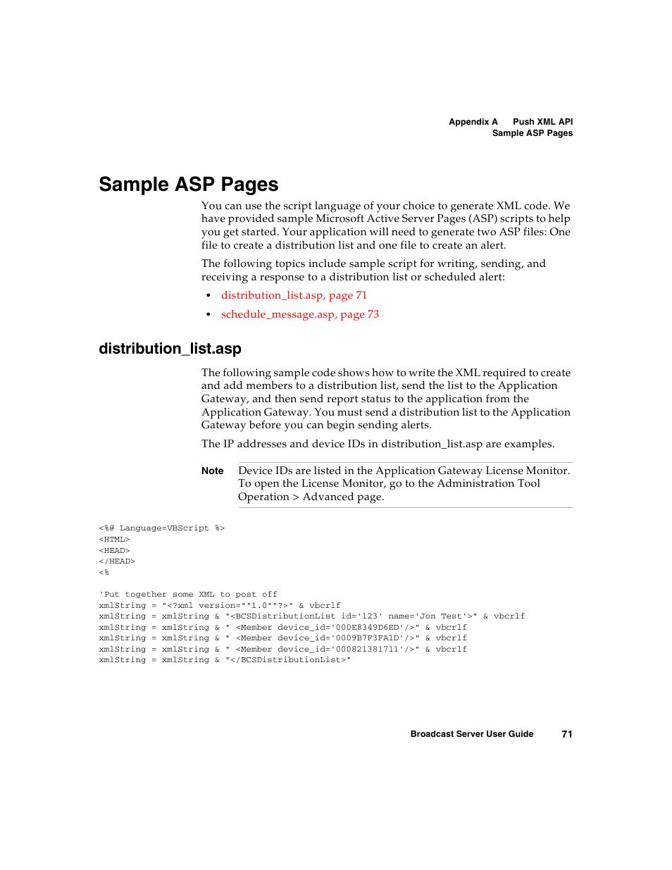 Distribution_list.asp, Sample asp pages | Nortel Networks Broadcast Server User Manual | Page 79 / 84