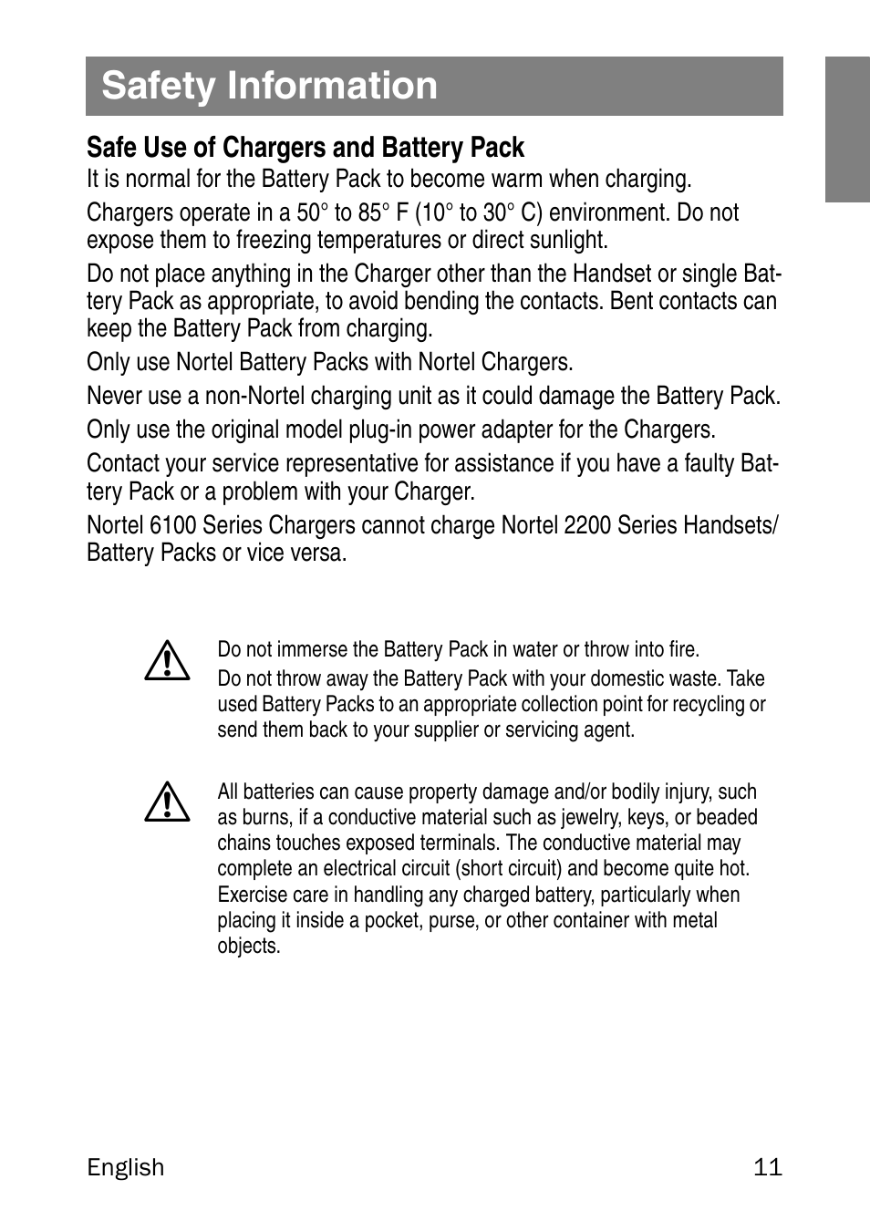 Safety information, Safe use of chargers and battery pack | Nortel Networks 6120 User Manual | Page 11 / 84