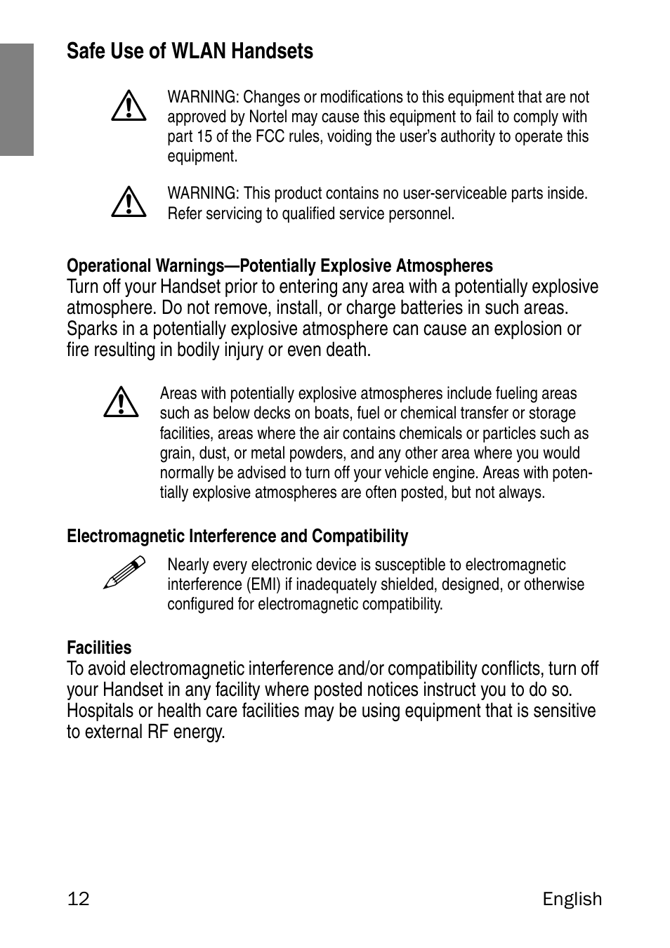 Safe use of wlan handsets, Electromagnetic interference and compatibility, Facilities | Nortel Networks 6120 User Manual | Page 12 / 84