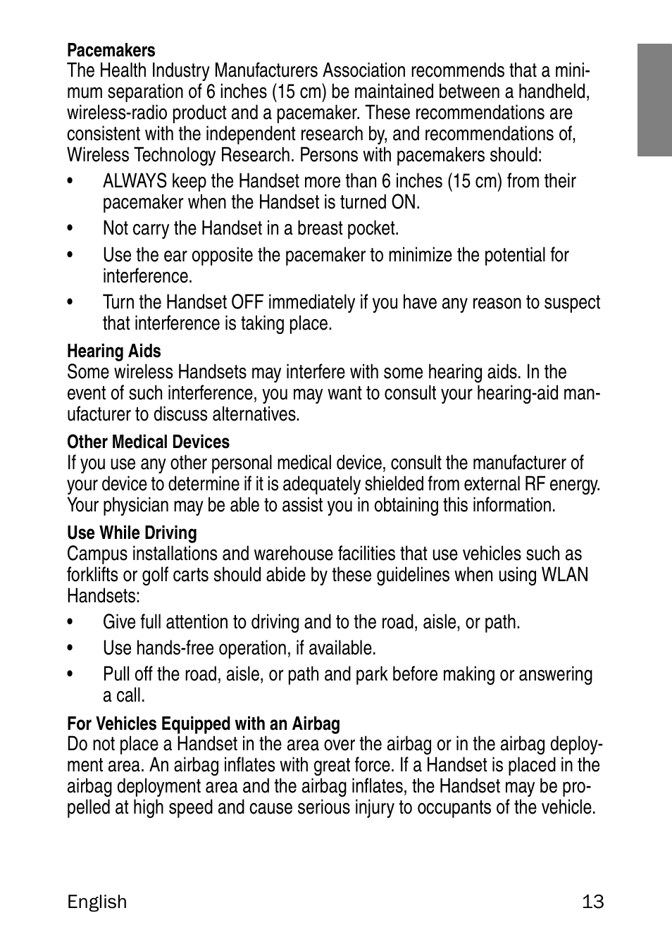 Pacemakers, Hearing aids, Other medical devices | Use while driving, For vehicles equipped with an airbag | Nortel Networks 6120 User Manual | Page 13 / 84